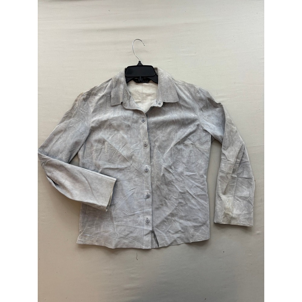 Express World Brand Vintage 100% Leather Suede Button Front Shirt Blue Grey 9/10